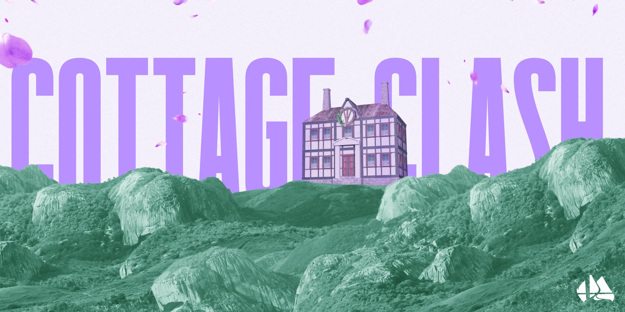 Cottage Clash banner with a cottage on green hills