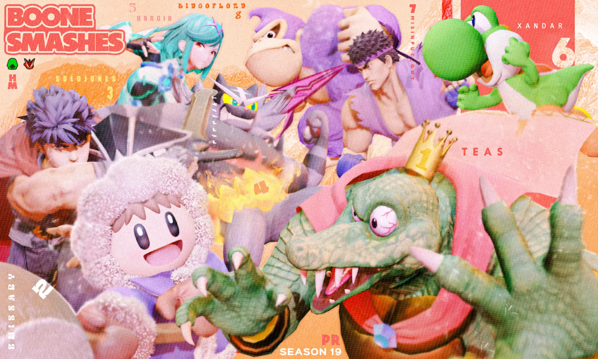 Boone Smashes PR Season 19 graphic with the top eight players over a collage of characters