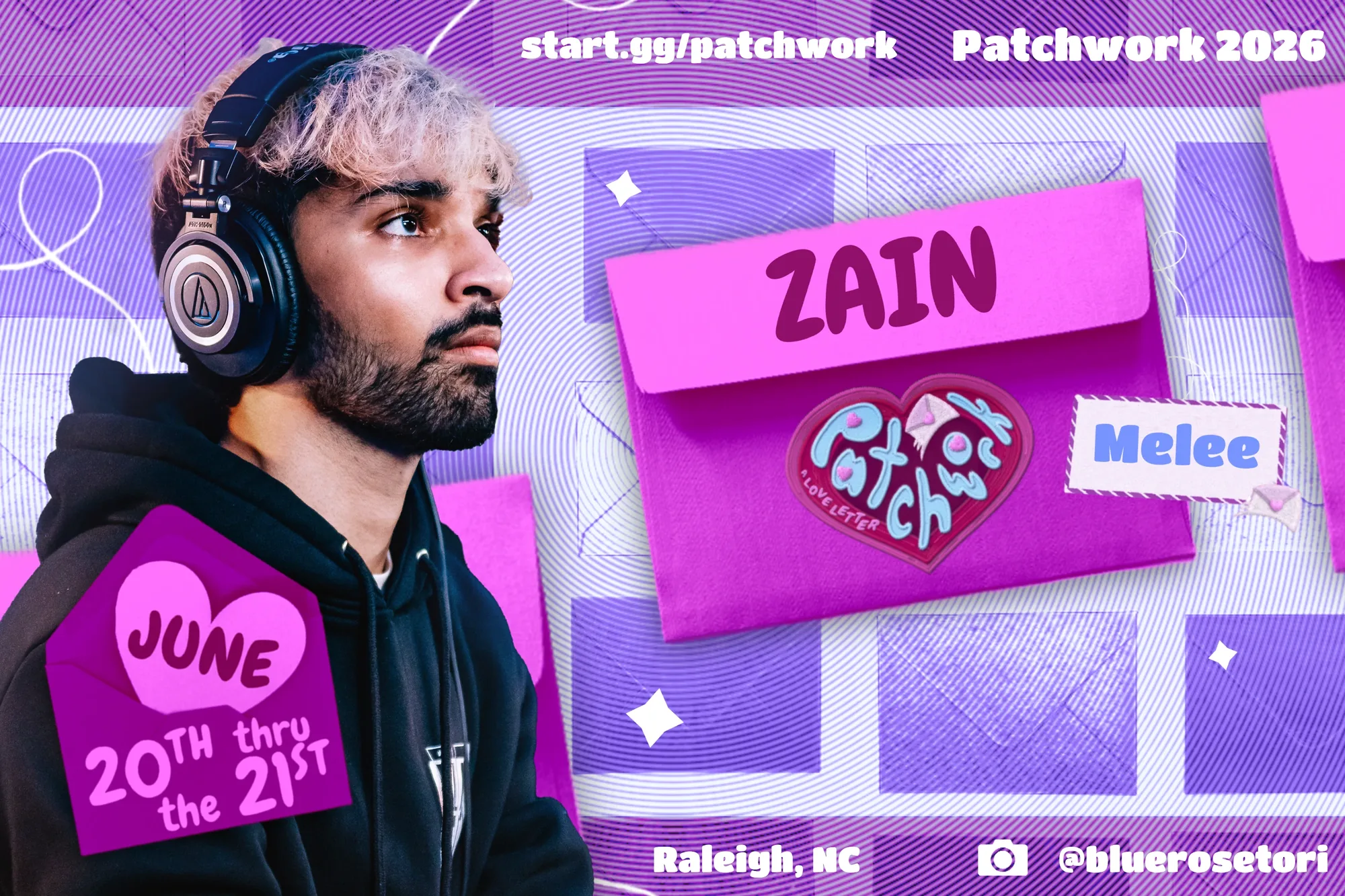 Patchwork 2026 player spotlight graphic for Zain, Melee