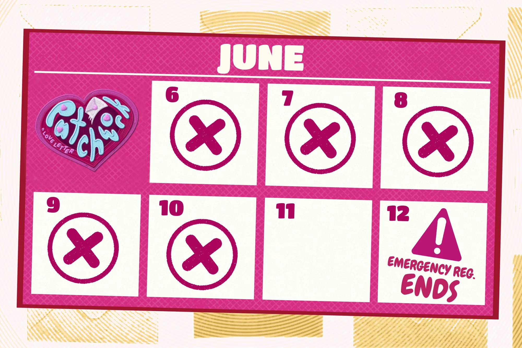 June calendar graphic showing emergency registration ending on the 12th