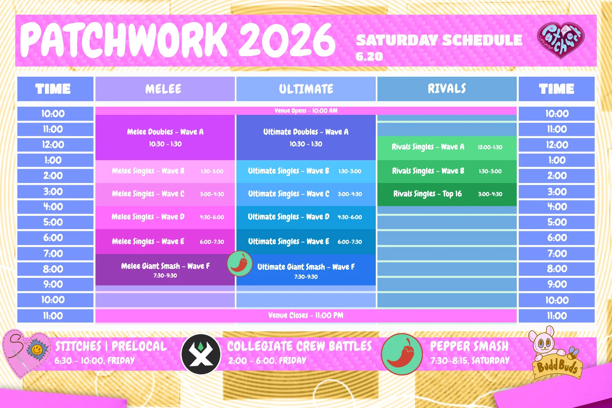 Patchwork 2026 Saturday schedule graphic for Melee, Ultimate and Rivals, with Friday and Saturday side events