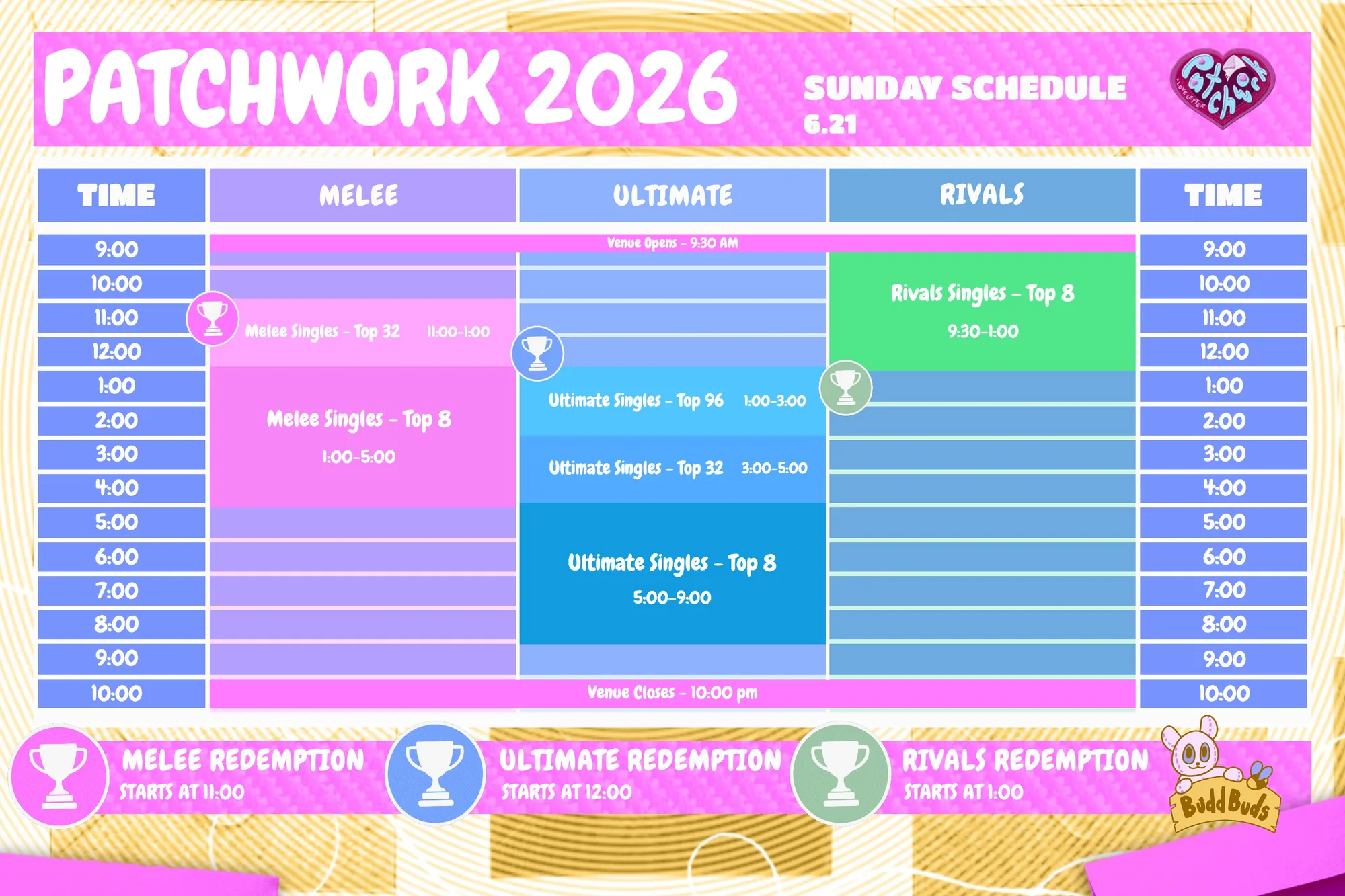 Patchwork 2026 Sunday schedule graphic with top 8 times and Redemption bracket start times