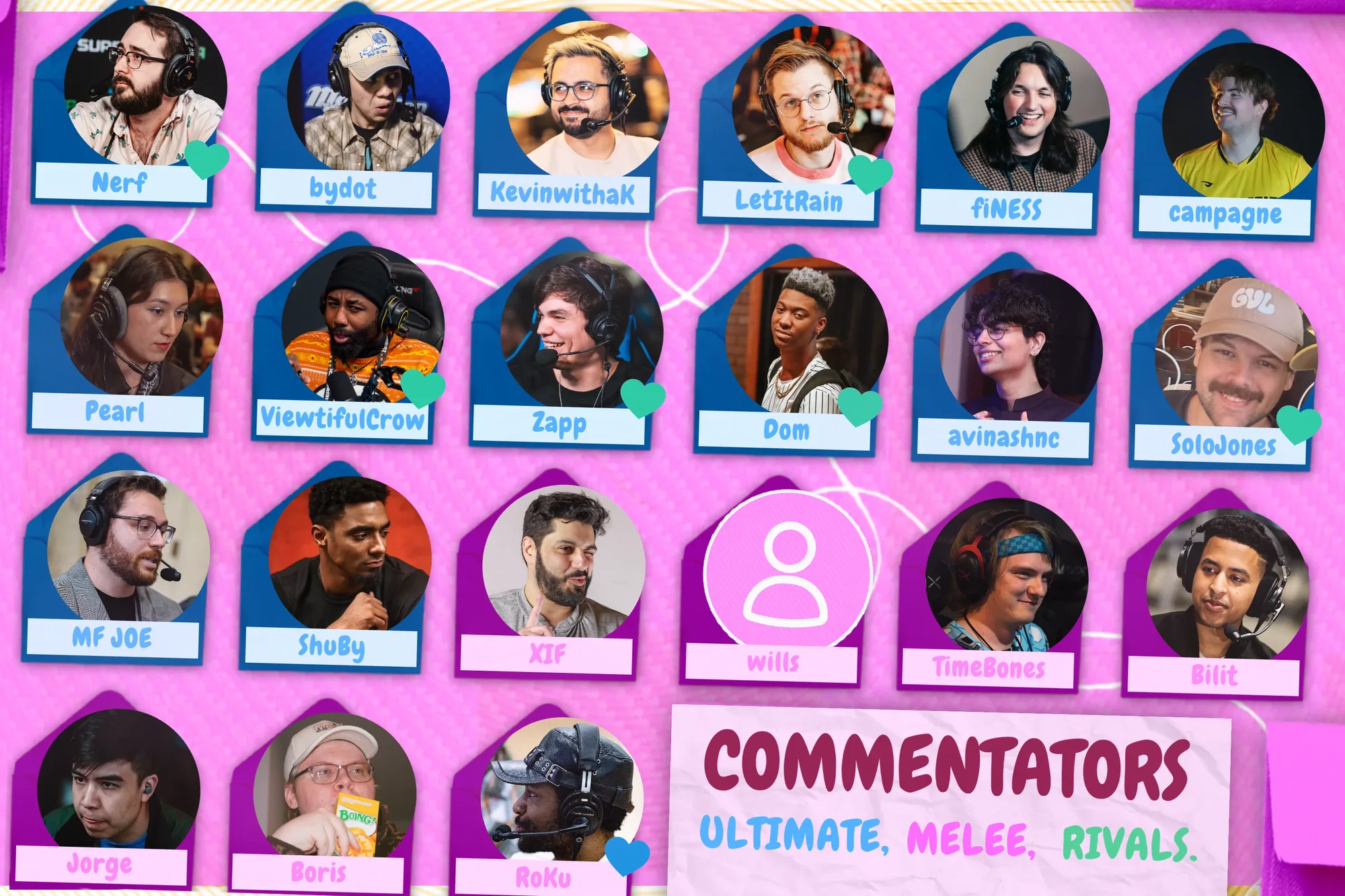 Patchwork 2026 commentators roster graphic for Ultimate, Melee and Rivals