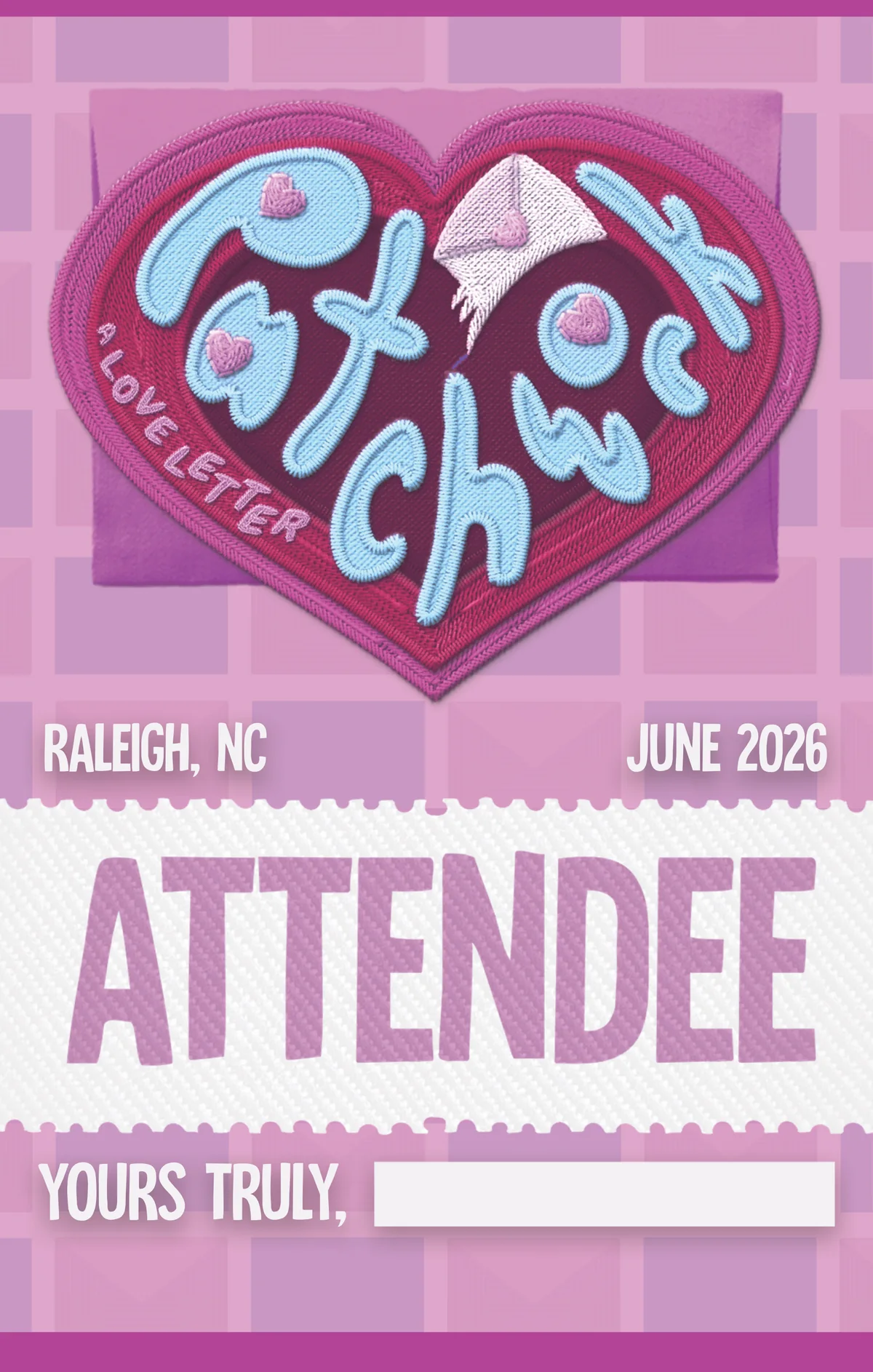 Patchwork attendee badge front design with the heart logo, Raleigh NC, June 2026