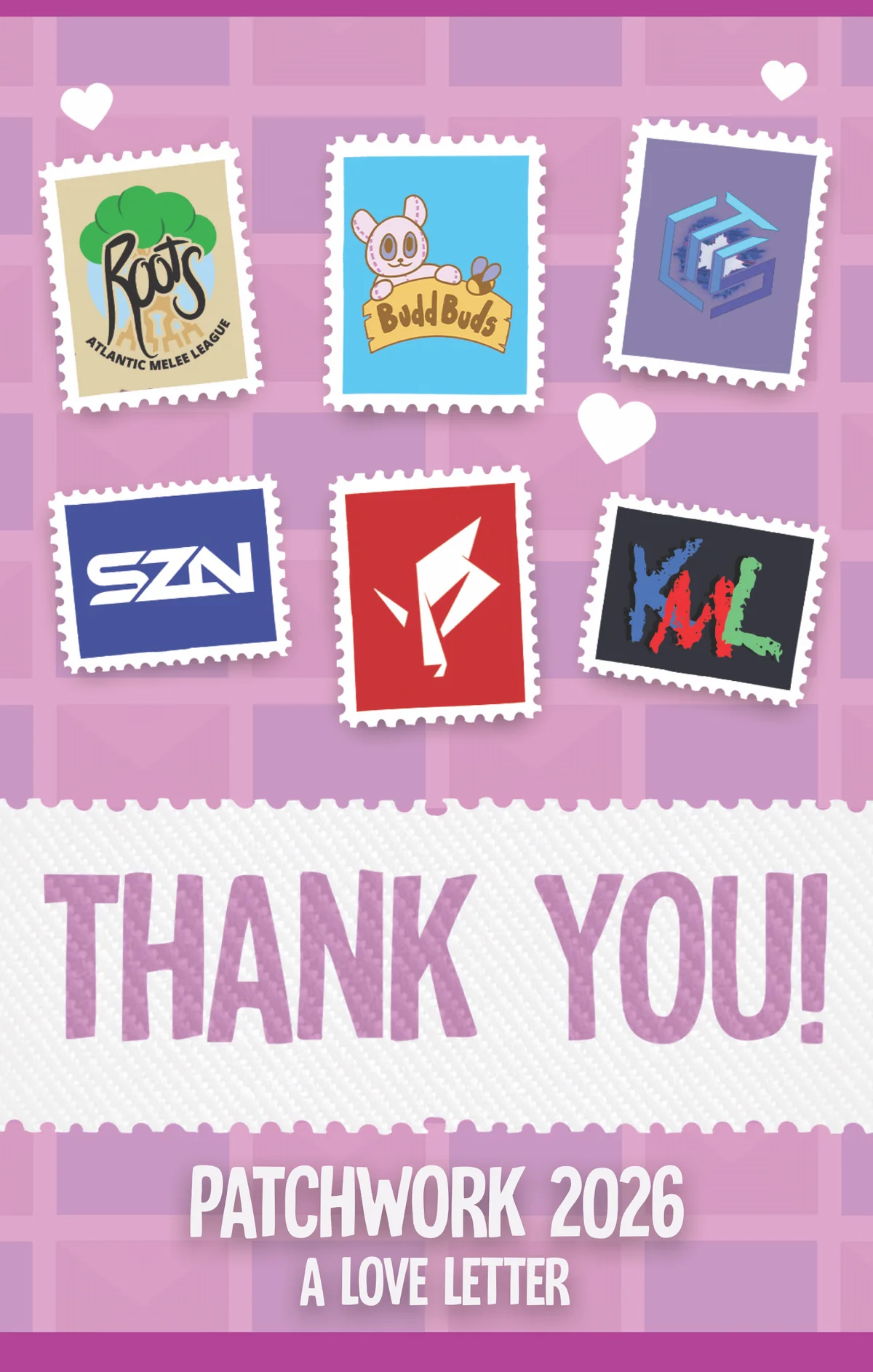Patchwork badge back design with sponsor stamps and a thank-you message