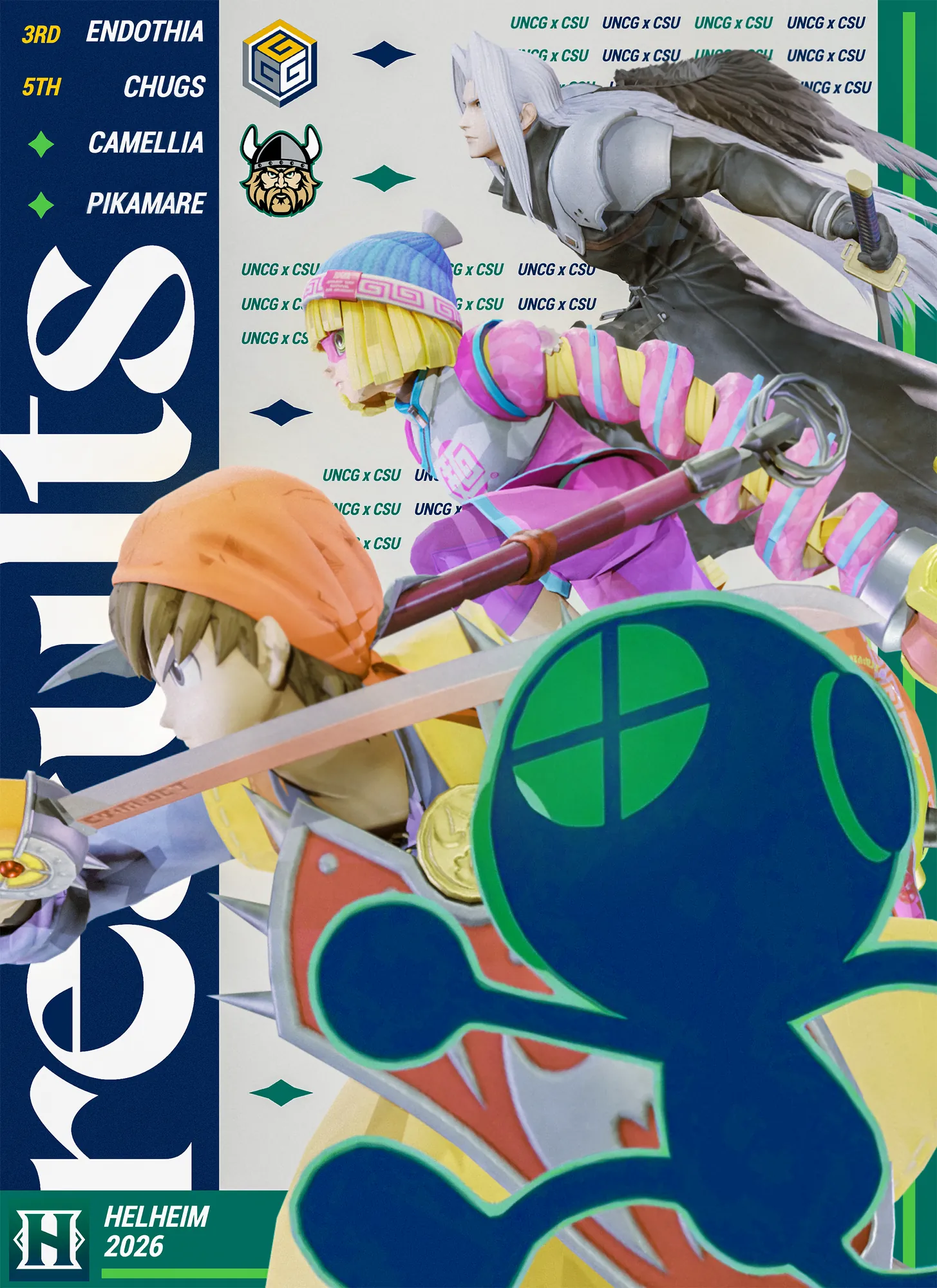 UNCG x CSU results graphic with Endothia, Chugs, Camellia and Pikamare, Helheim 2026
